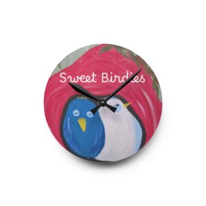 Acrylic Wall Clock — 'Sweet Birdies' Cute Blue & White Birds Floral Wall Clock